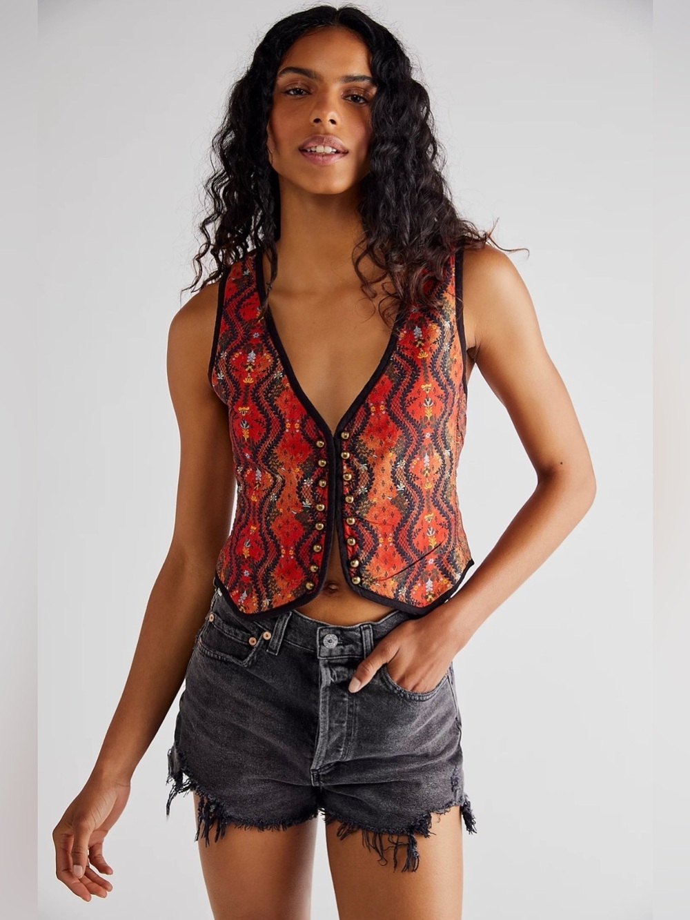Free People Cropped Quilted Vest Top Multi Pattern Red/Coral Folk Floral Size S